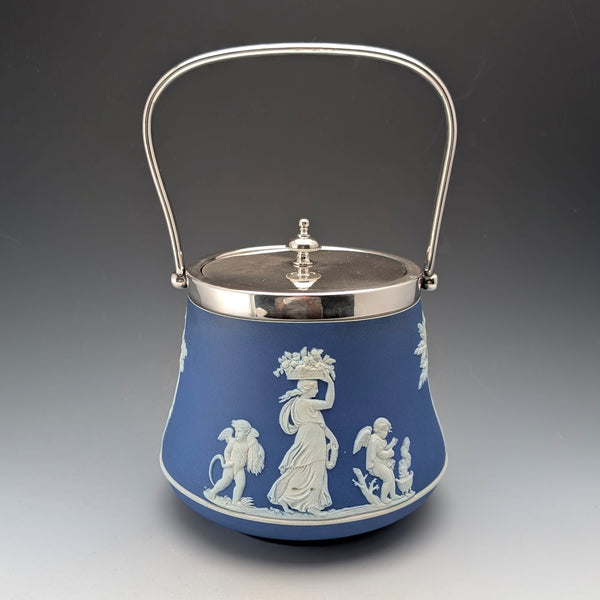 英国アンティーク ウェッジウッド ビスケットバレル ジャスパーウェア ロイヤルブルー